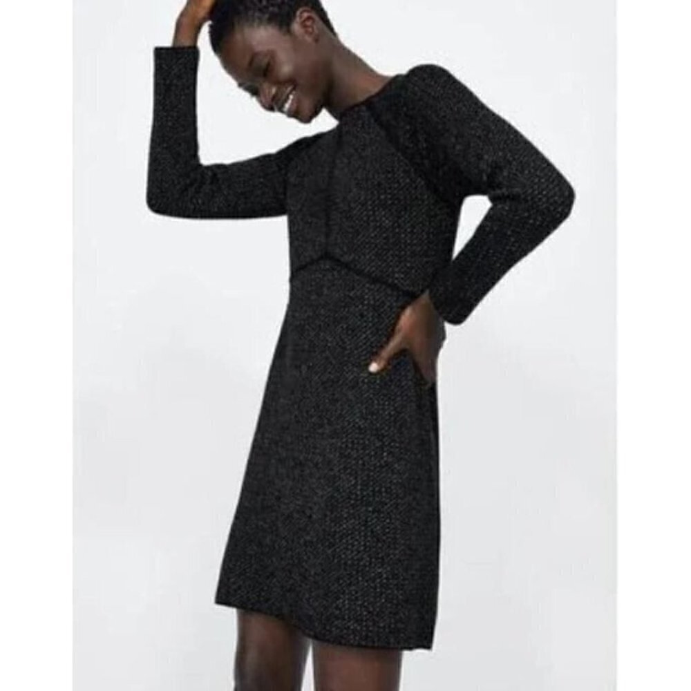 Zara Knit Sweater Dress Womens Medium Metallic Copper Knit Black Tweed Boho